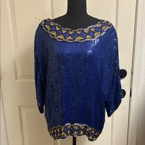 Carolyne Barton Night Pure Silk Blouse, Blue Sequin Beaded Dolman Vintage, XL